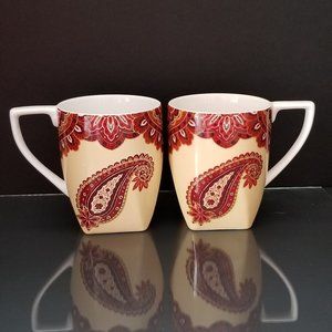 222 Fifth RESPLENDENT Maroon Paisley On Cream Porcelain Mugs Cups (pair) ✨HP✨